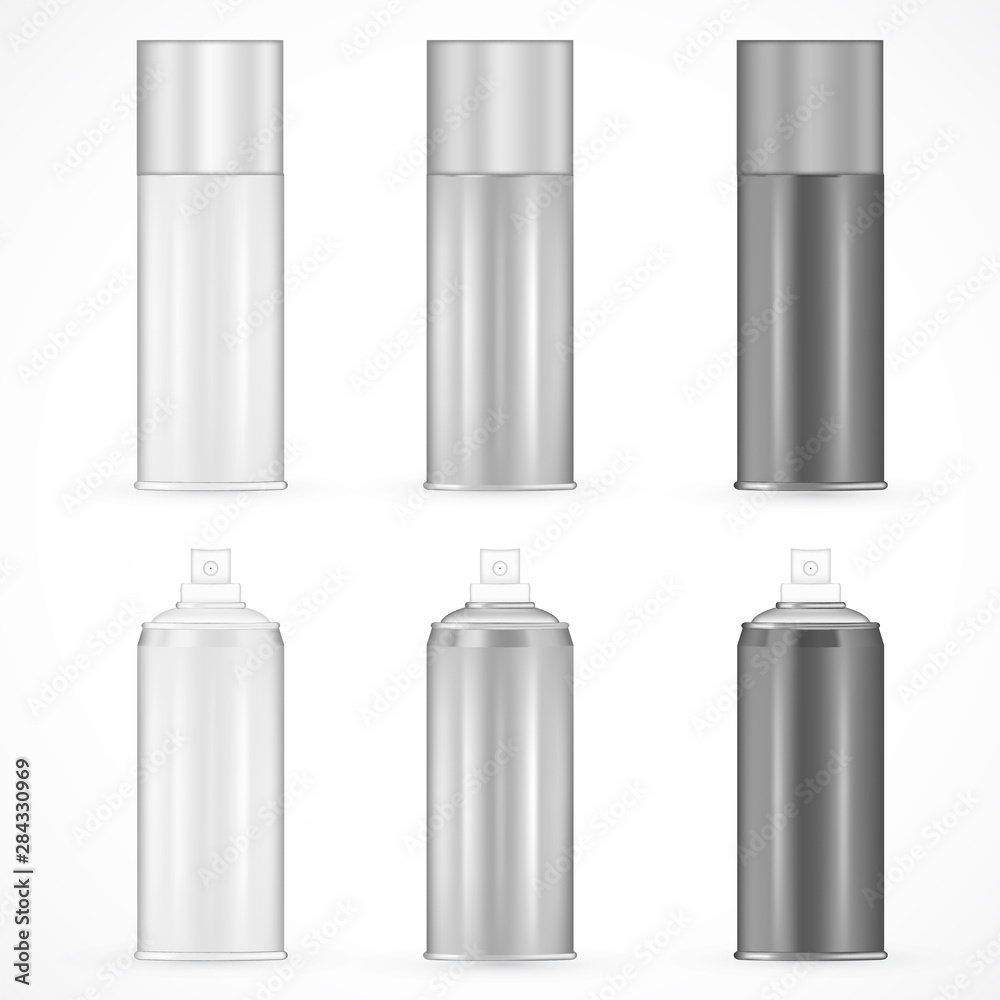 Spray product metallic bottles set for perfumes, deodoants, aerosol moisturizers for body or hair. Shiny surface material with copy space for beauty product branding. Design templates for merchandises Spray product metallic bottles set for perfumes, deodoants, aerosol moisturizers for body or hair. Shiny surface material with copy space for beauty product branding. Design templates for merchandises