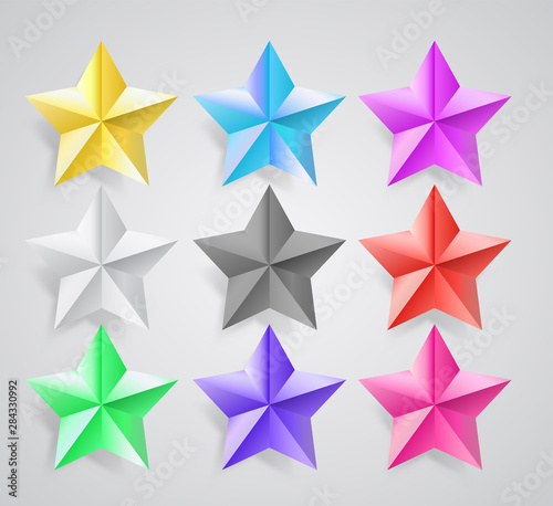 Decorative trophy tin vector stars  metallic prizes isolated on white background. Badge style design elements. Award winning multicolored symbols of success  victory point in apps  computer games.