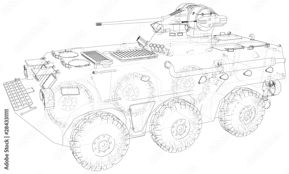 Army vehicle technical wire-frame. Vector illustration. Tracing illustration of 3d.