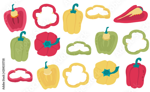 Cute bell pepper object collection.Whole, cut in half, sliced on pieces bell pepper. Vector illustration for icon,logo,sticker,printable