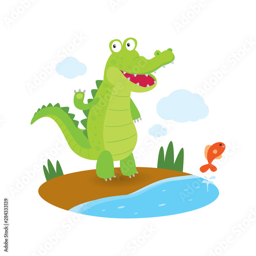 Fototapeta Naklejka Na Ścianę i Meble -  Crocodile and swamps, Smiling green alligator, Cute wildlife.