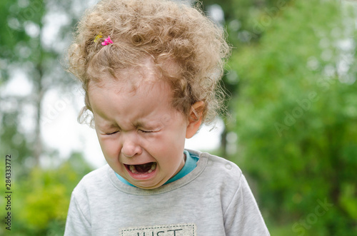 little girl crying on a natural background. offend the child. children s tears and moods. hopelessness  despair  sobbing  bitter resentment. tears on eyes. strong fright.