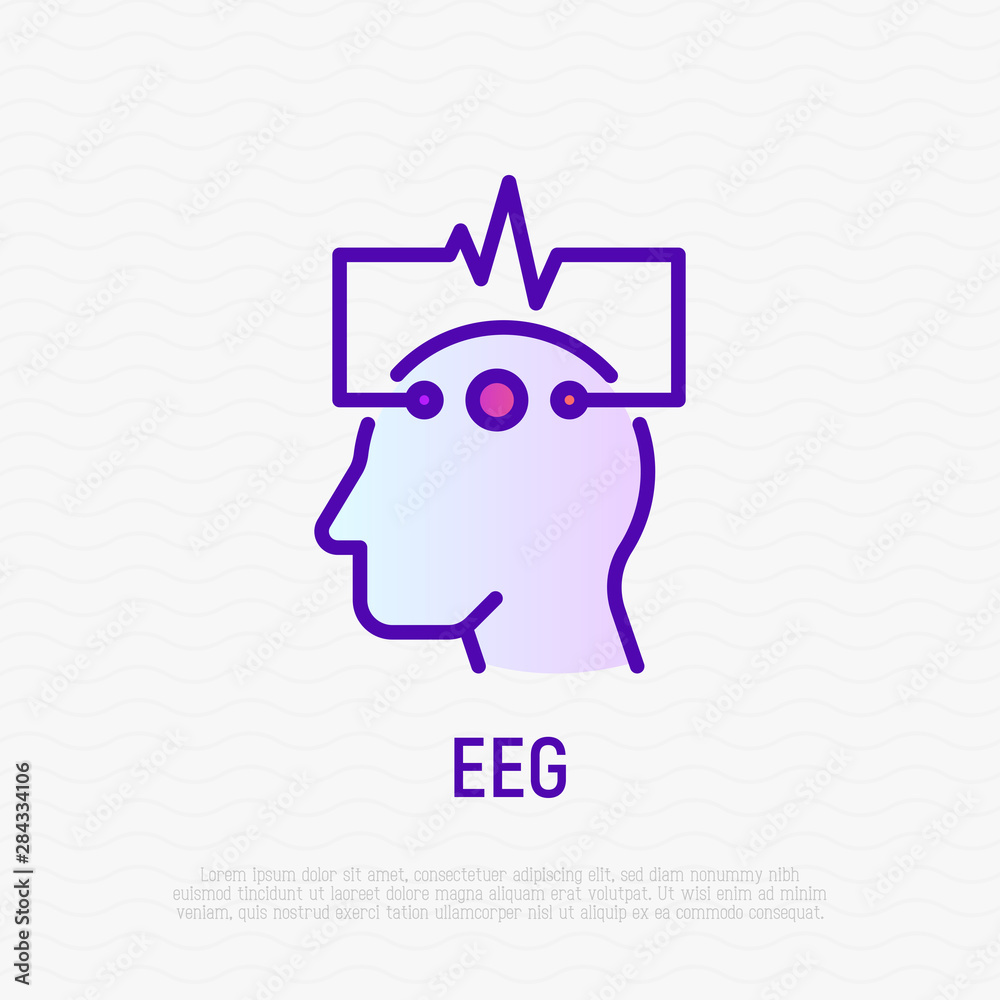 Obraz premium EEG: human head with electrodes thin line icon. Medical research. Diagnostic of brain activity. Modern vector illustration.