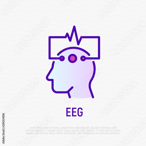 EEG: human head with electrodes thin line icon. Medical research. Diagnostic of brain activity. Modern vector illustration.