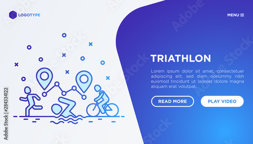 Triathlon web page template with thin line icons: runner, swimmer, cyclist and route with pointers. Modern vector illustration for sport competition.