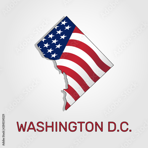 Map of Washington D.C. combined with waving USA flag. Washington D.C. silhouette or borders for geographic themes - Vector