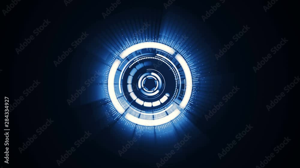 Abstract futuristic motion graphics circular clockwork mechanism assembles, rotates, turns on with glow. Digital isolated design background element. Technology mechanism activation concept 3D render