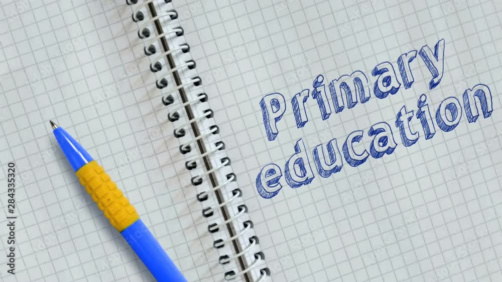 Text Primary education handwritten on sheet of notebook and animated. Text Primary education handwritten on sheet of notebook and animated.