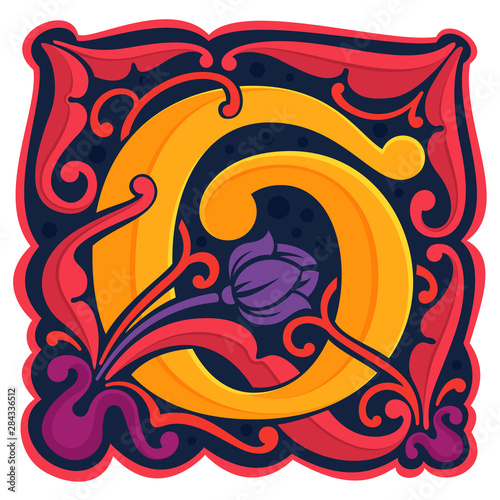O letter colorful antique gothic initial logo.