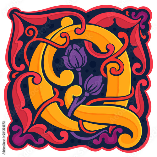Q letter colorful antique gothic initial logo.