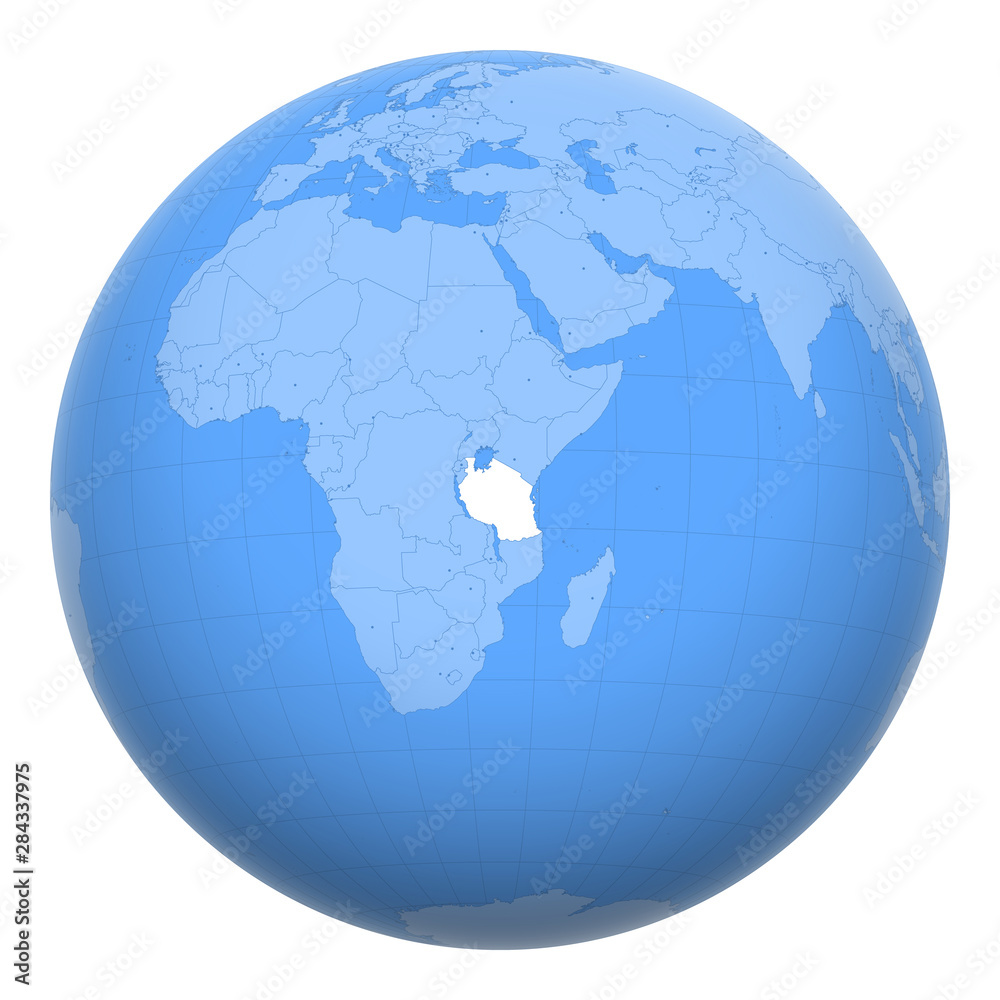 Tanzania on the globe. Earth centered at the location of the United Republic of Tanzania. Map of Tanzania. Includes layer with capital cities.