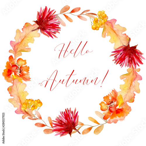 Hello Autumn  yellow watercolor leaves  flowers and rowan berries collected in a round frame.