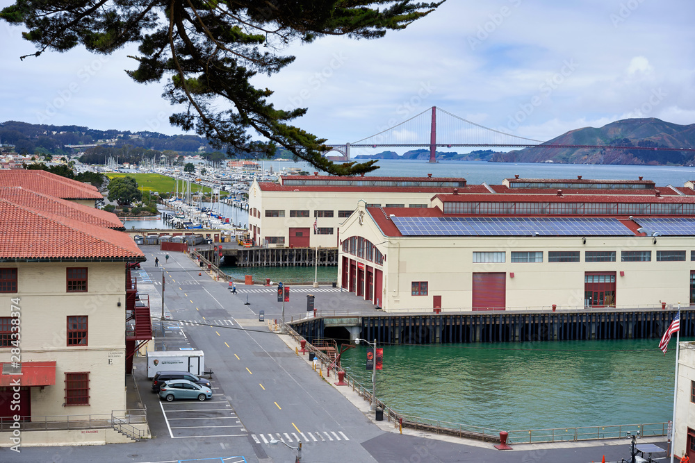 San Francisco, California / USA - May 15, 2018: Festival Pavilion - a large open pavilion building in the Fort Mason complex next to Marina Green and a view of the San Francisco Bay / SFAI