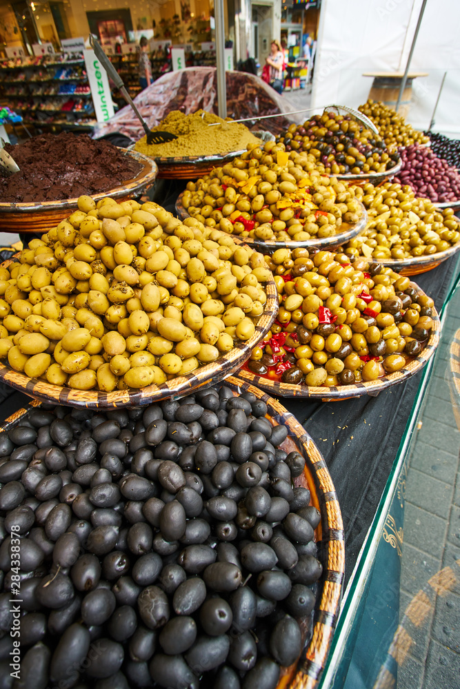 Green and black olives in the oriental market