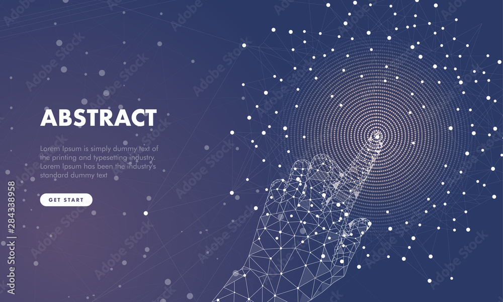 Touch the future hand and arrows analytics. Innovations robot systems hand and intellectual systems. Сomputers construction of graphics. Abstract illustration in programming structure.