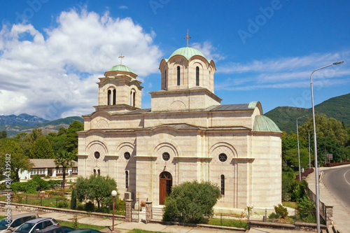 Religious architecture. View of Serbian Orthodox Church of St. Sava on sunny summer day. Tivat city, Montenegro