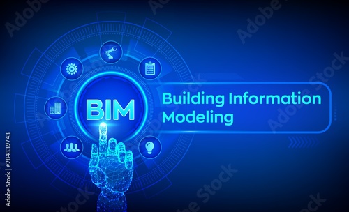 BIM. Building Information Modeling Technology concept on virtual screen. Business Industry, Architecture and Construction concept. Robotic hand touching digital interface. Vector illustration.