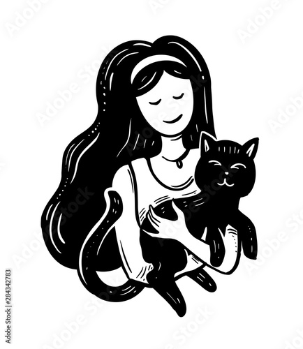 sketch girl hugs a black cat