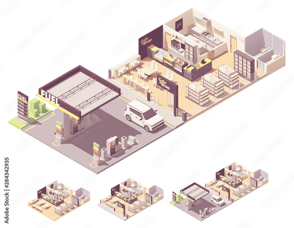 Vector isometric gas station interior