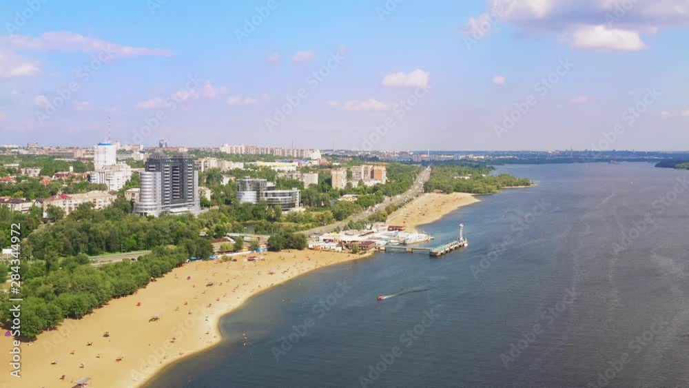 Beatiful high arial over Central Beach on the river Dnepr the marina Prychal Beatiful high arial over Central Beach on the river Dnepr the marina Prychal