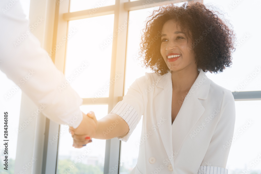 African American lady business woman shaking hand as they close a deal or partnership focus to smiling on sunlight background at office. African American lady business woman shaking hand as they close a deal or partnership focus to smiling on sunlight background at office.