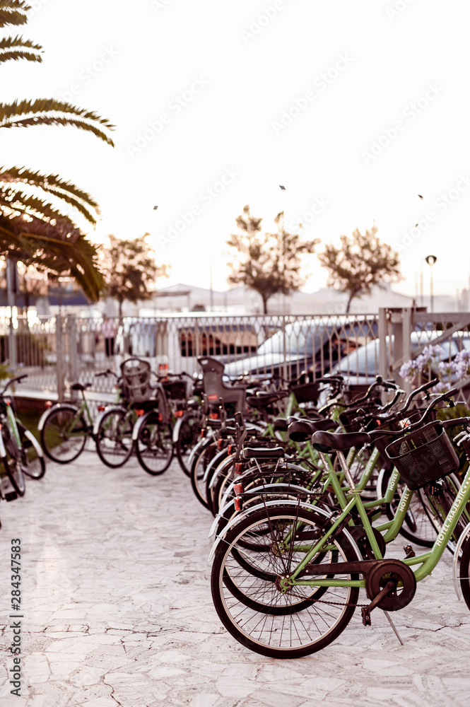 Bicycle parking at sea. Active holiday. Photo on the street.