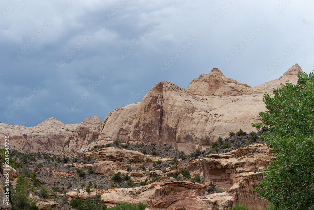 Capitol Reef National Park low angle landscape of massive white stone mountains