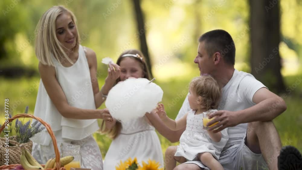 A family sharing cotton candy at a picnic in park A family sharing cotton candy at a picnic in park