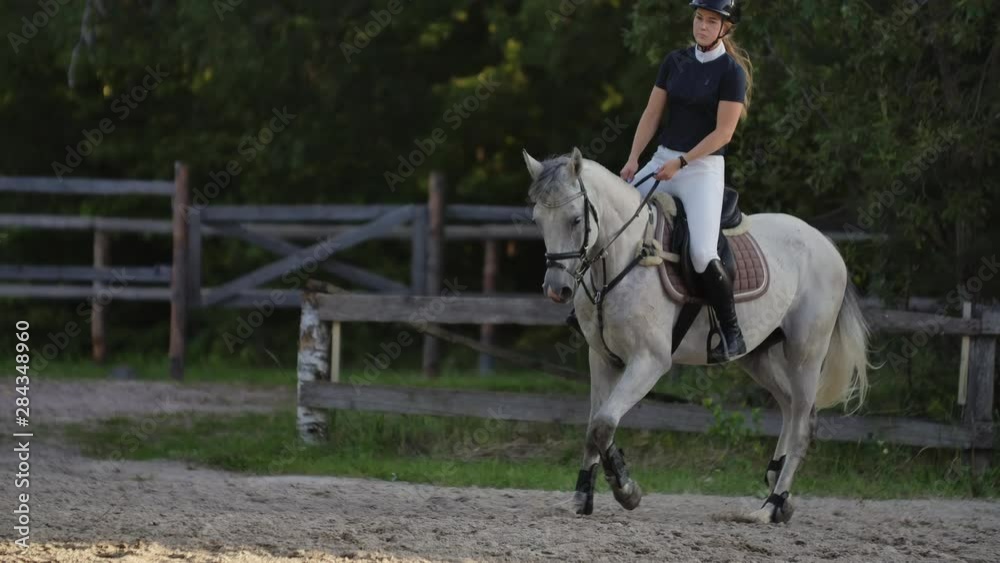 Slow motion close up. A female jockey is riding a horse. A female jockey is riding a horse in a corral. Slow motion close up. A female jockey is riding a horse. A female jockey is riding a horse in a corral.
