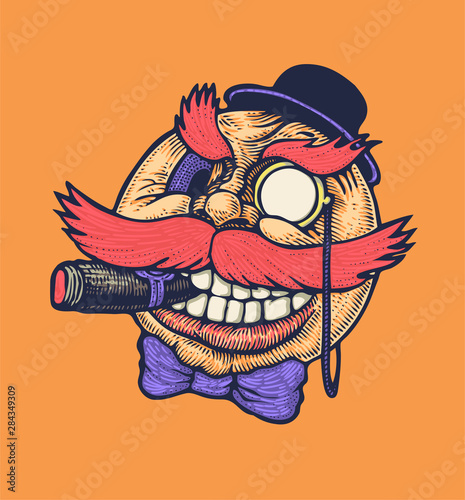 Rich aristocrat and financier. Round emoticon withmonocle, cigar, mustache, hat and bow tie. Drawing Style. Vector illustration.