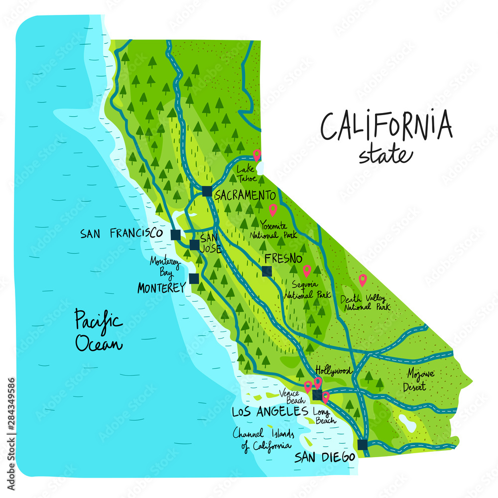 Map of California state of the USA, with landmarks. Stock-Vektorgrafik