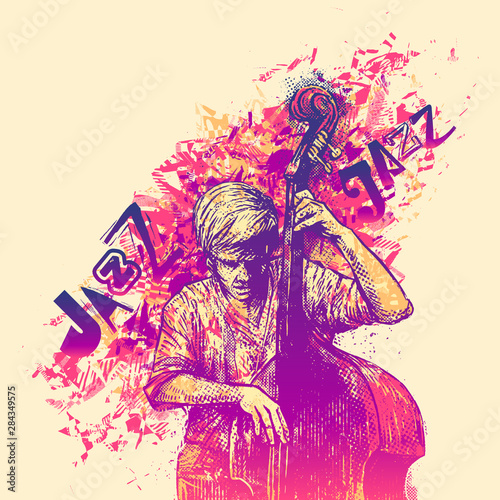 Design Jazz for poster with jazzman playing double bass. vector illustration. 