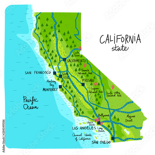 Map of California state of the USA, with landmarks.