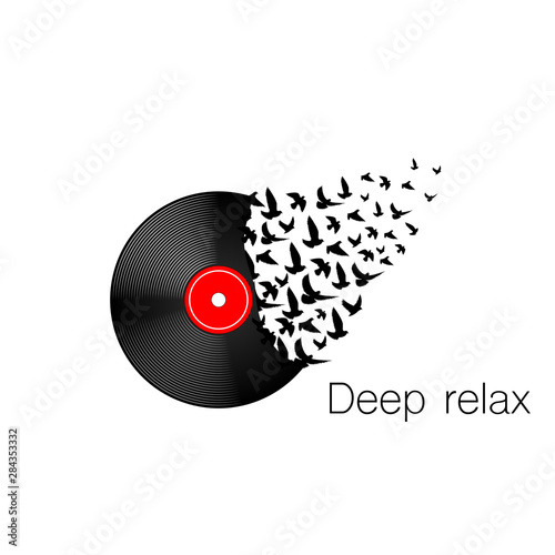 Black circle vinyl symbol with flying birds silhouettes