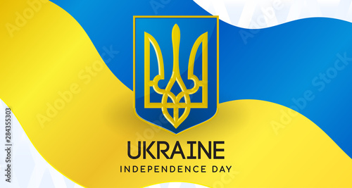 Ukraine Independence day card vector illustration. National symbol of Ukraine on flag waving 
