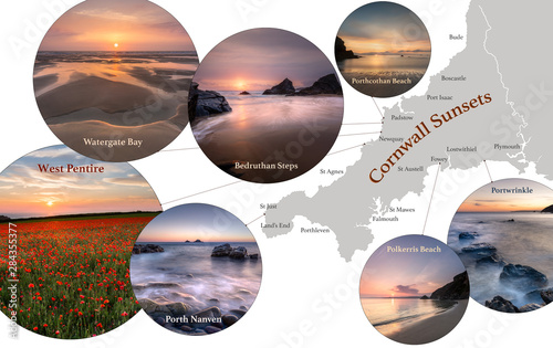 Map of Cornwall, featuring photographic images of Cornish Sunsets at Portwrinkle, Polkerris, Porth Nanven, West Pentire, Watergate Bay, Bedruthan Steps, Porthcothan. photo