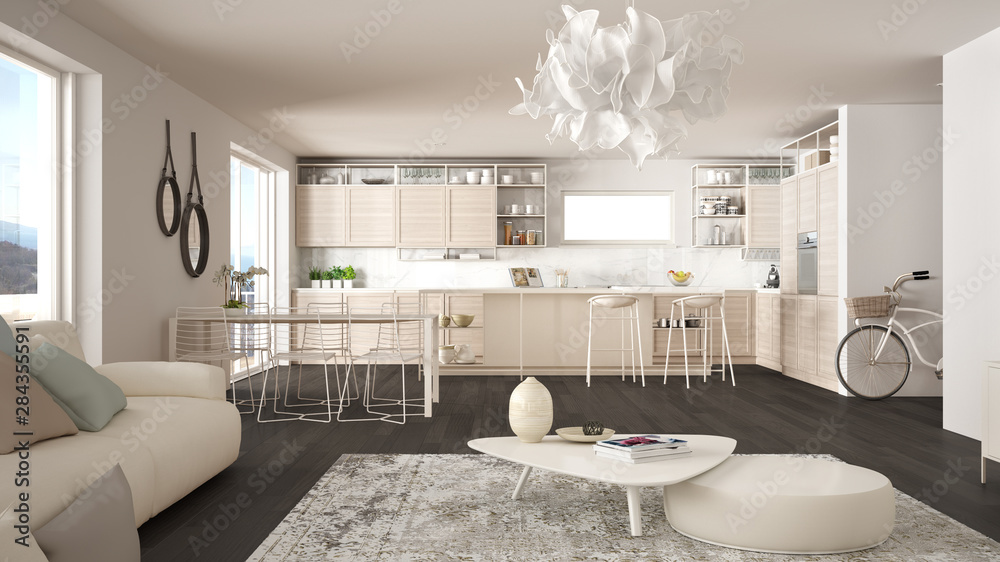 Penthouse living room and kitchen interior design, lounge with sofa and ...