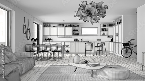 Unfinished project of penthouse living room and kitchen interior design, lounge with sofa and carpet, dining table, island with stools, parquet, modern architecture concept idea