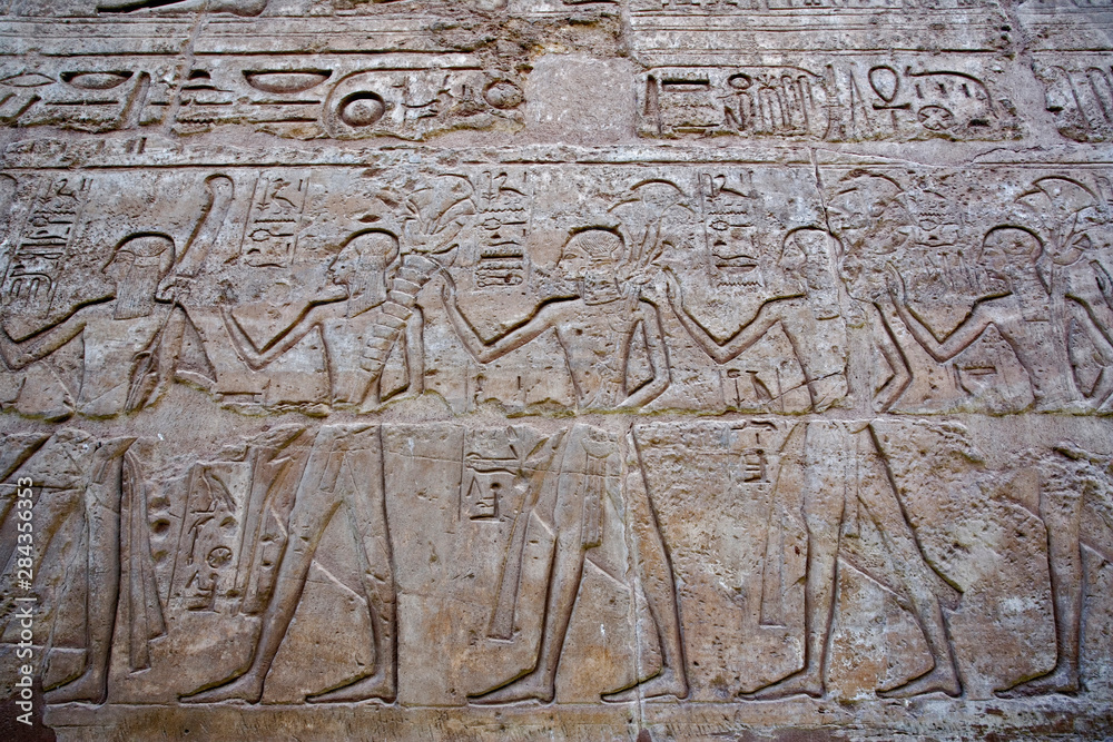 Hieroglyphs on temple wall, Luxor Temple, located at modern day Luxor or ancient Thebes, Egypt