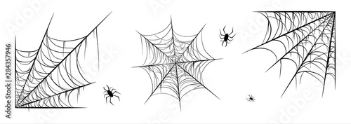 Spiderweb set, isolated on black transparent background. Cobweb for halloween, spooky, scary, horror decor with spiders.