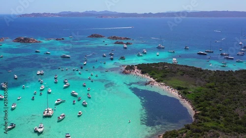 Drone aerial view of Santa Maria and Budelli islands in Maddalena Archipelago, Sardinia, Italy.  photo