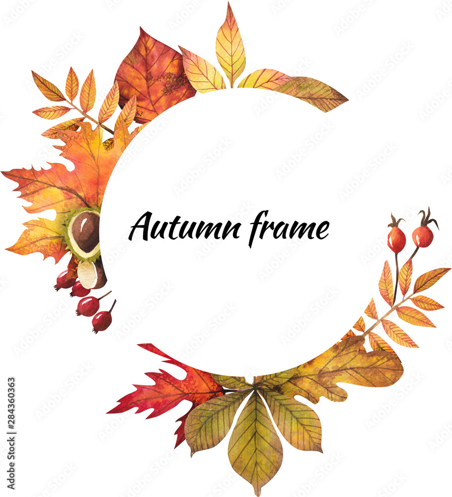 frame of autumn leaves painted by watercolor, isolated clipart, design of autumn themes. Autumn design