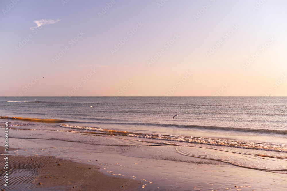 Sunset on the beach. Tinted photo in golden highlights. Sea and sandy beach. Banner, long format. Free space for text.