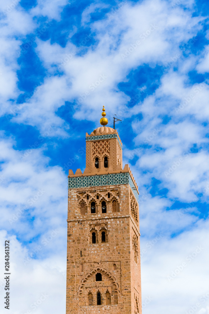 Minaret of the Koutoubia Mosque, Marrakesh, Morocco.