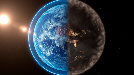 Conceptual planet earth with one half surrounded by pollution and the other with a clean blue haze