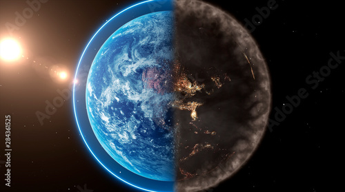 Fototapeta Naklejka Na Ścianę i Meble -  Conceptual planet earth with one half surrounded by pollution and the other with a clean blue haze