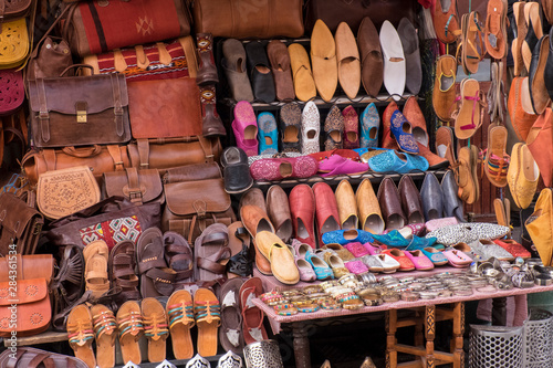 Morocco, Marrakech. A shop, or souk, selling leather goods.