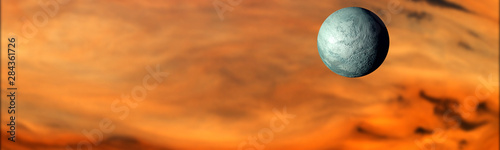Moon orbiting a gas giant concept, with swirling orange clouds and storms panoramic