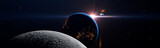 Luna eclipse in space concept showing the moon, planet Earth and the bright sun, panoramic