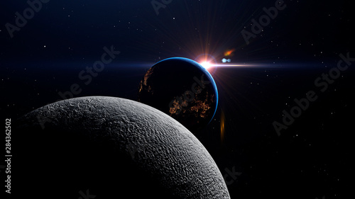 Luna eclipse in space concept showing the moon, planet Earth and the bright sun